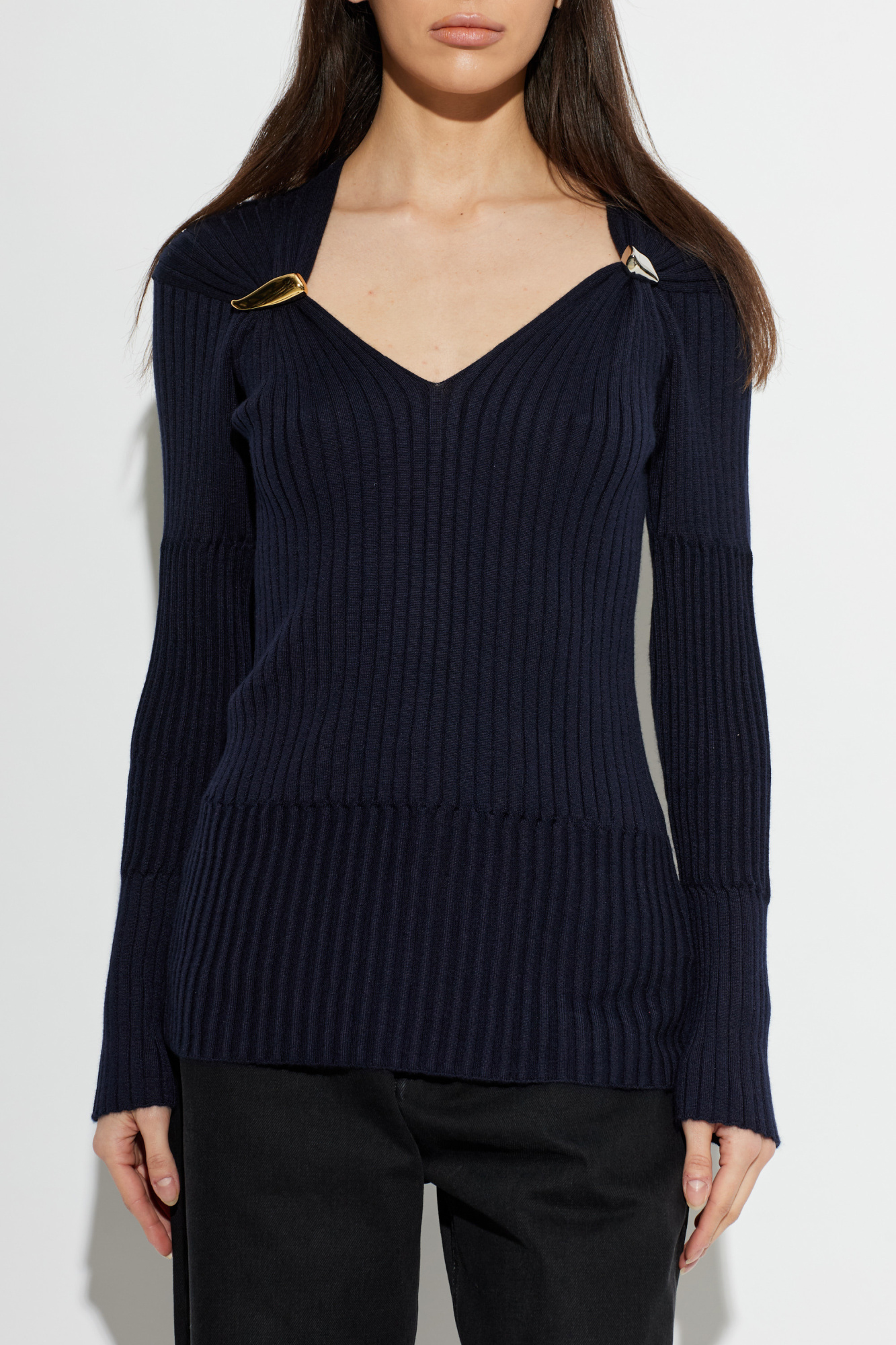 BOTTEGA VENETA カシミヤ100% Vネックニット ブラック 46 Navy blue Ribbed cashmere sweater Bottega Veneta - Vitkac Canada